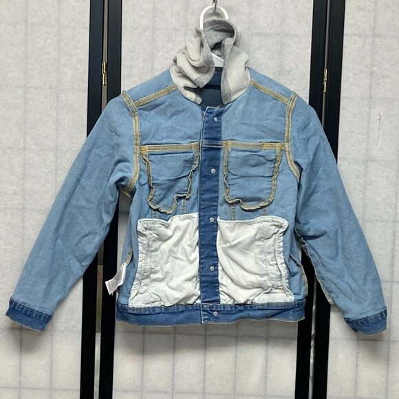 Old Navy Denim Trucker Jacket L Faded Medium Blue Jean Hoodie Button-Up Kids L - Picture 5 of 11